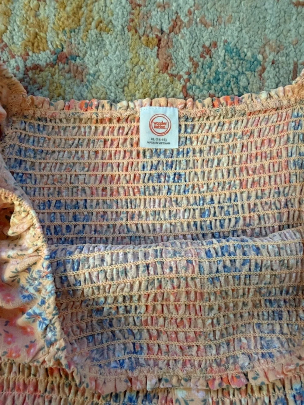 wonder nation 14/16 Like New Peach/Floral Patchwork faux buttons, ruffles